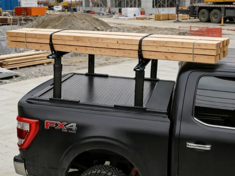 TRUMGETA adjustable bed rack installed on a 2023 Ford F150 with a T-slot tonneau cover