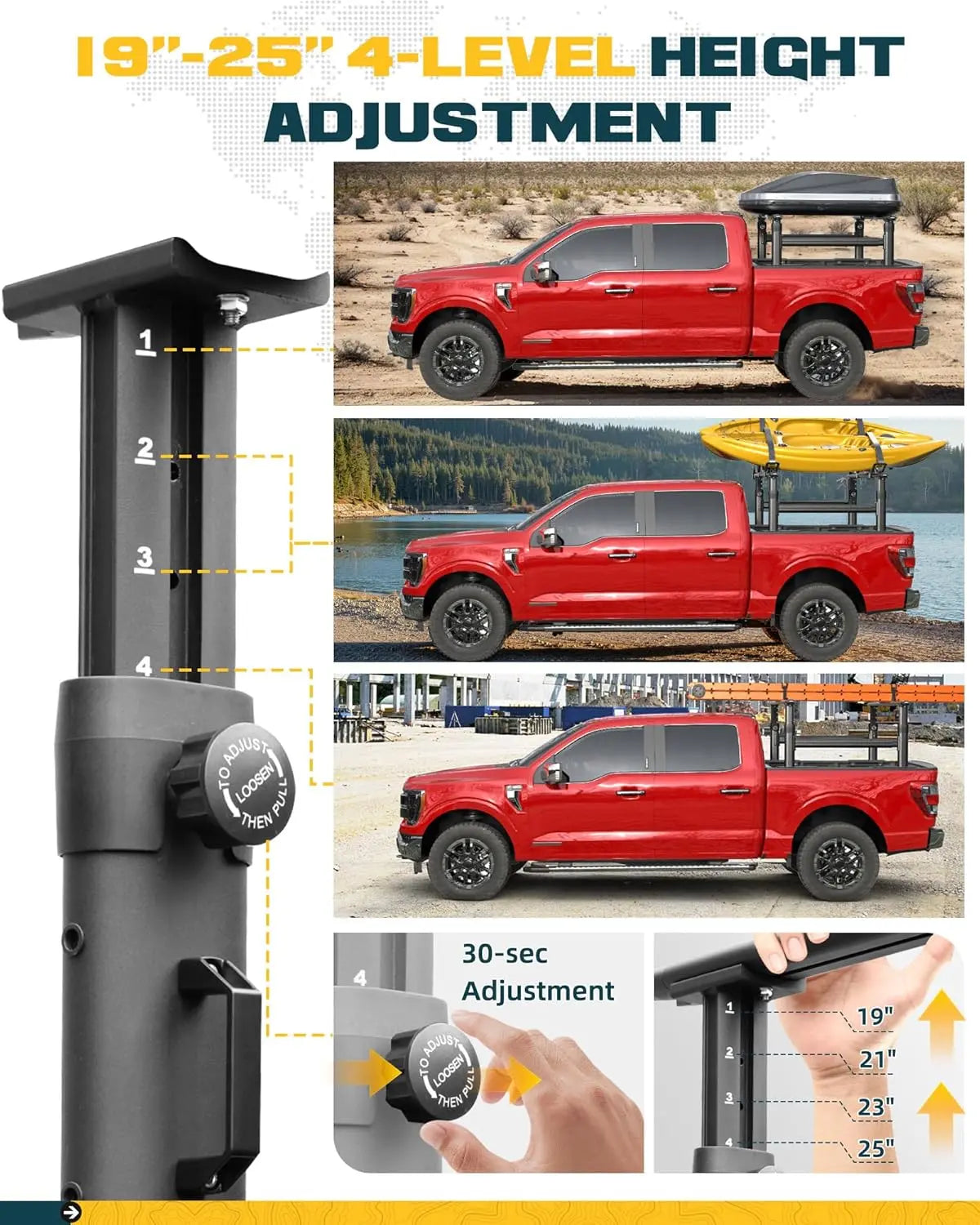 Universal Adjustable Truck Bed Rack for Full Size Trucks 600 LBS with Side Bars-2