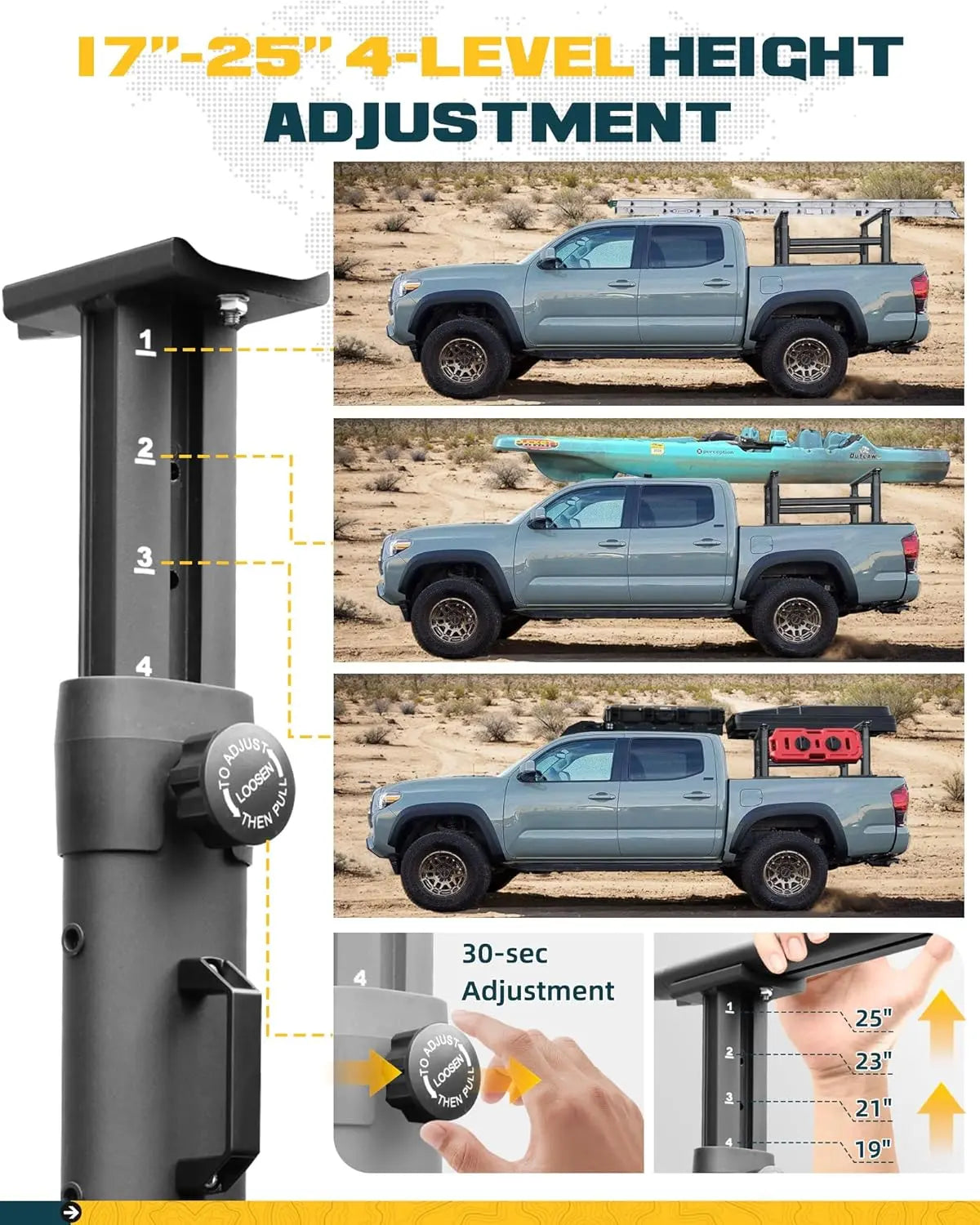 Adjustable Truck Bed Rack for Toyota Tacoma & Jeep Gladiator with Side Bars-2