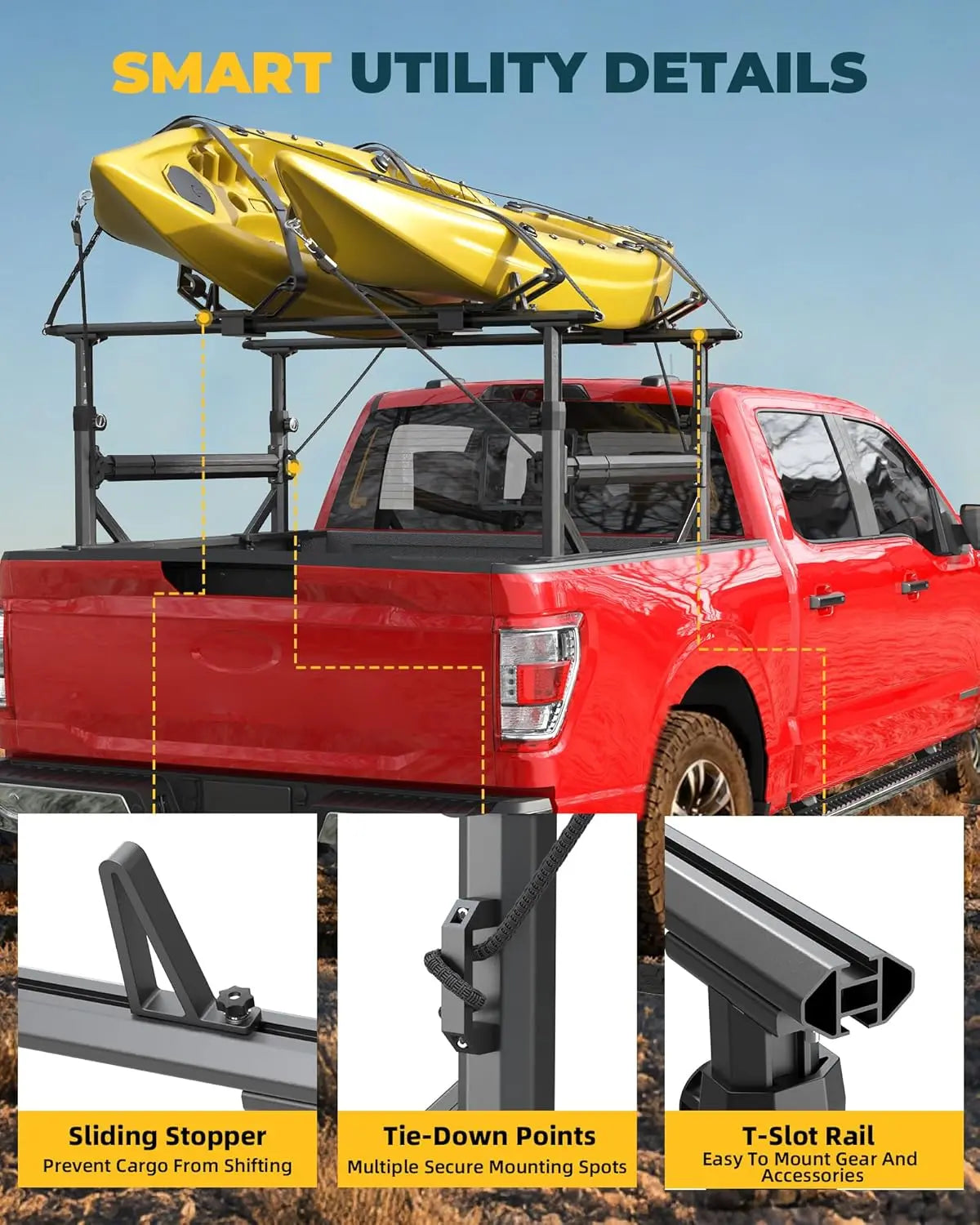 Adjustable Aluminum Truck Ladder Rack with Side Bar Fit for F150 Silverado Ram Sierra-7