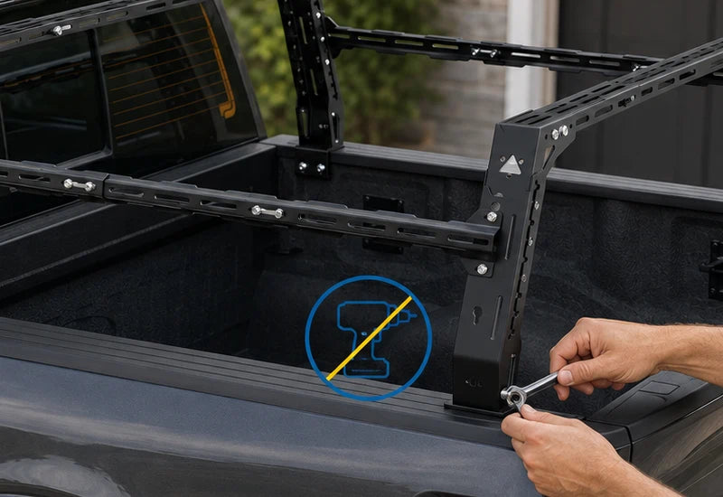 No-drill mounting base on an adjustable truck bed rack