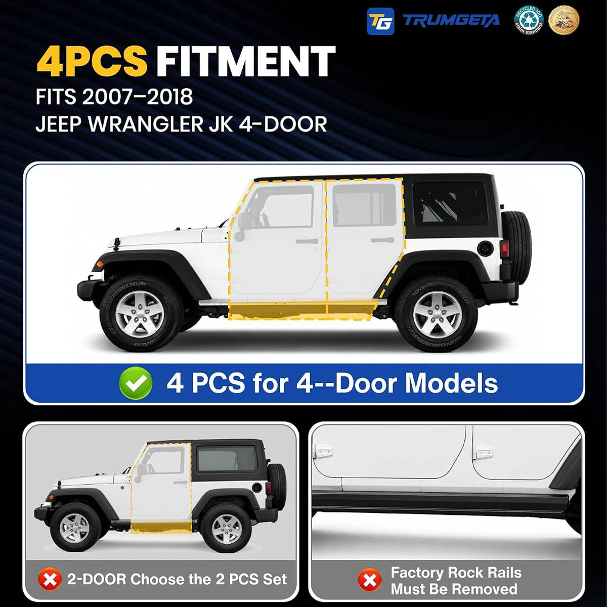 TRUMGETA Auxchemic® 232009 Side Steps for 2007-2018 Jeep Wrangler JK, NOT for Rock Rails