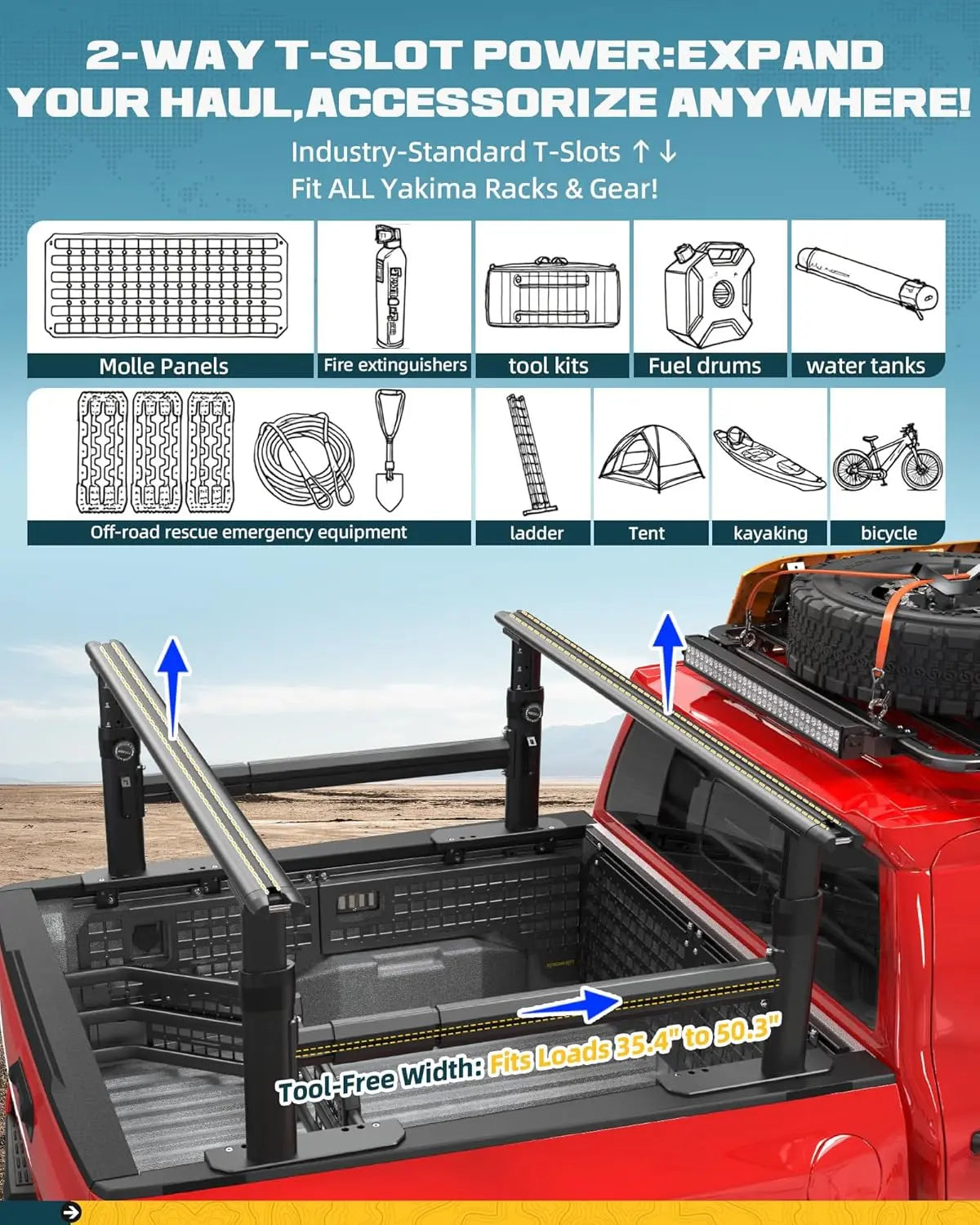 Adjustable Truck Bed Rack for Toyota Tacoma & Jeep Gladiator with Side Bars-5