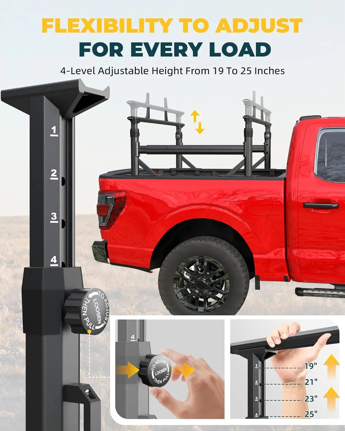 Adjustable Aluminum Truck Ladder Rack with Side Bar Fit for F150 Silverado Ram Sierra-5