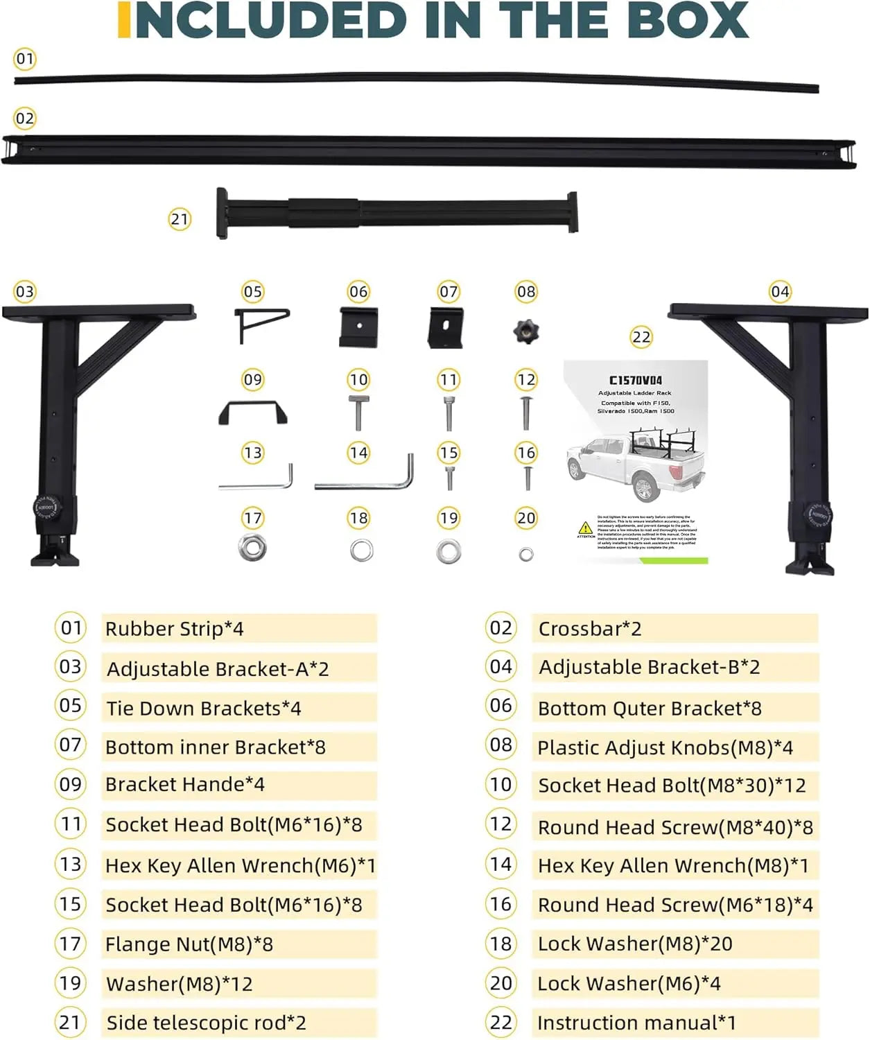 Adjustable Aluminum Truck Ladder Rack with Side Bar Fit for F150 Silverado Ram Sierra-9