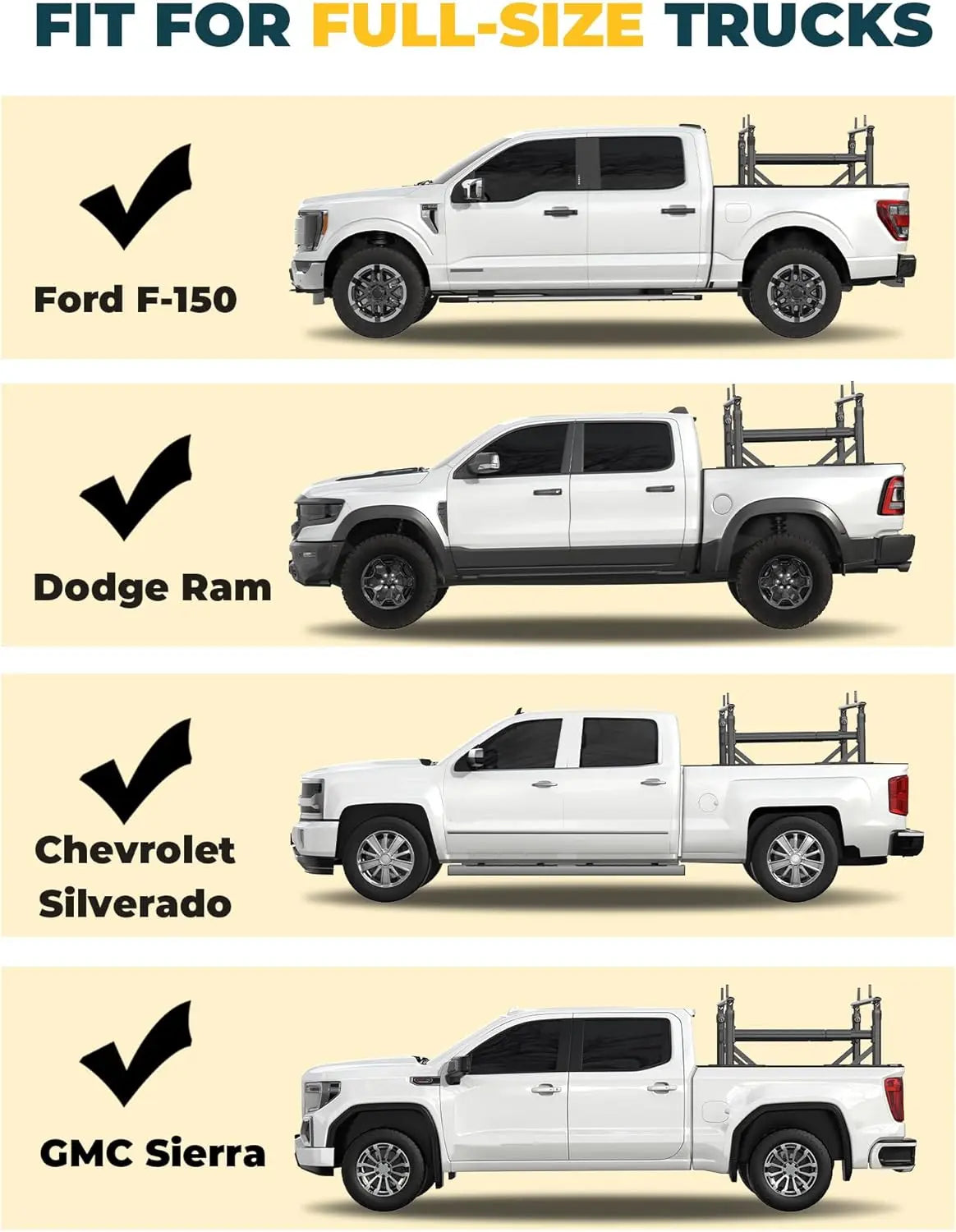 Adjustable Aluminum Truck Ladder Rack with Side Bar Fit for F150 Silverado Ram Sierra-4