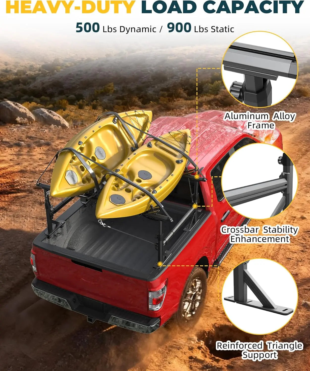 Adjustable Aluminum Truck Ladder Rack with Side Bar Fit for F150 Silverado Ram Sierra-6