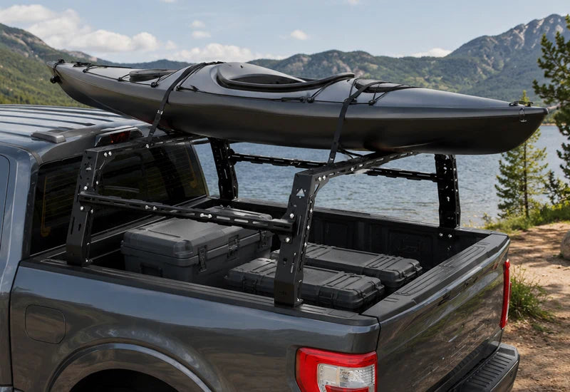 Truck bed rack carrying cargo above an organized pickup bed