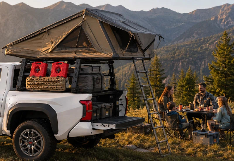Pickup truck bed rack used for camping and weekend outdoor travel