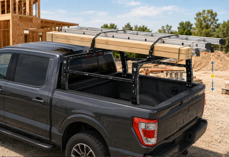 Height-adjustable pickup truck bed rack carrying outdoor gear