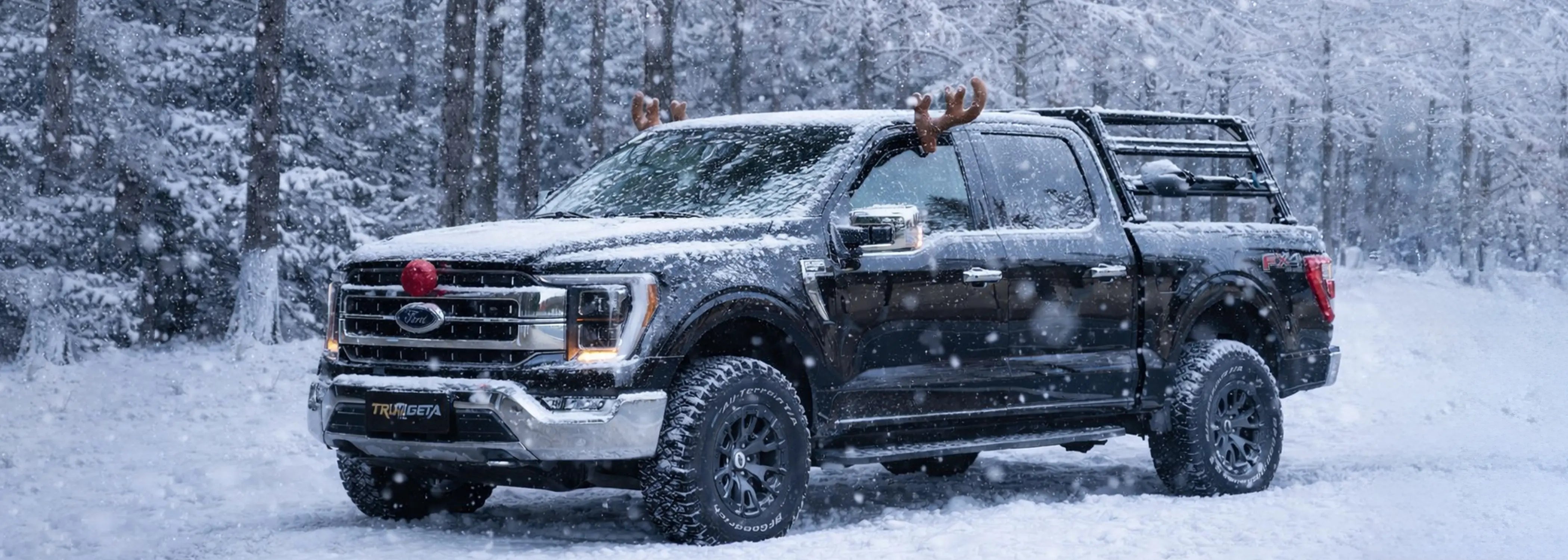 Black Ford truck with reindeer antlers in a snowy forest