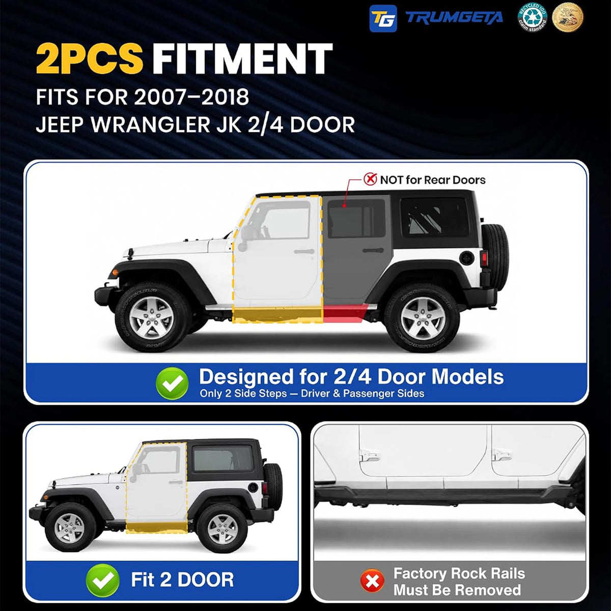 TRUMGETA Auxchemic® 232010 Side Steps for 2007-2018 Jeep Wrangler JK, NOT for Rock Rails 