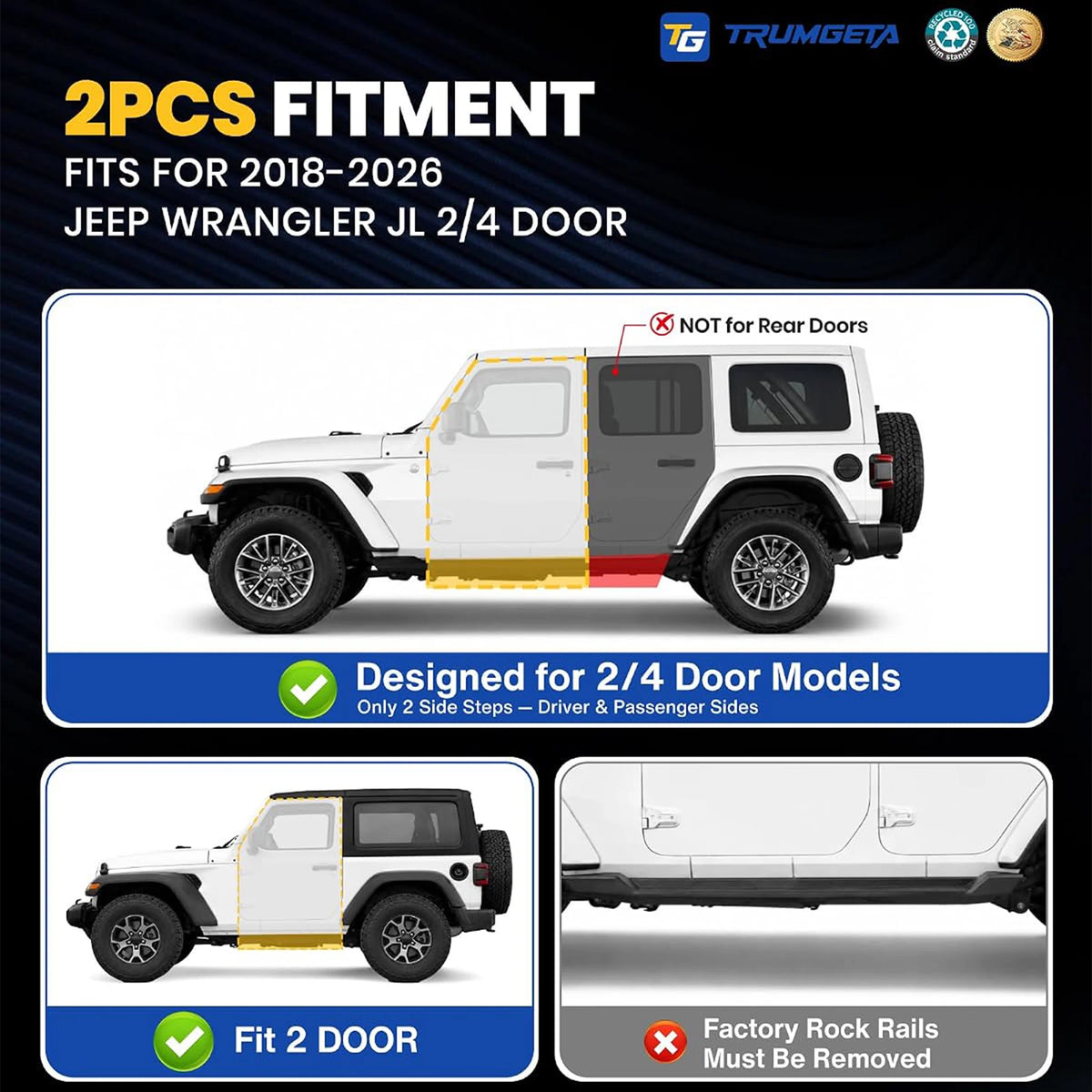 TRUMGETA Auxchemic® 232008 Side Steps for 2018-2026 Jeep Wrangler JL